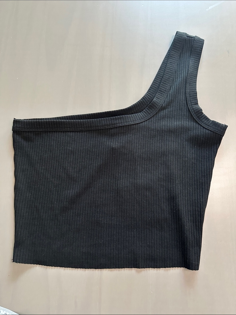 Asymmetric One-Shoulder Ribbed Tank Top - Black